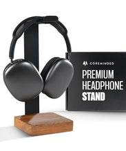 Load image into Gallery viewer, COREMINDED Universal Headphone Stand for Desk, Solid Wood Gaming Headset Stand, Heavy Duty Wooden Headphones Holder, Compatible with Airpods Max and More