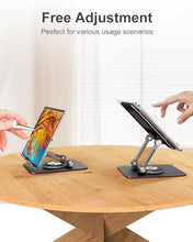 Load image into Gallery viewer, JUANWE Swivel iPad Stand for Desk, Aluminum Tablet Stand for Desk with 360 Rotating Base, Adjustable & Foldable iPad Holder, Compatible with Tablets, Switch, Kindle, Phone