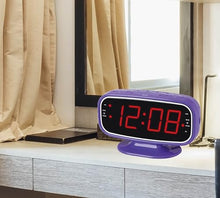Load image into Gallery viewer, HANNLOMAX HX-153CR PLL AM/FM Radio Alarm Clock, 1.8" LED Display, Bluetooth, Auto Time Sync with Bluetooth, USB Port and SD Card Slot for MP3 Playback, Hi-Lo Dimmer Control, AC Operation only (Purple)