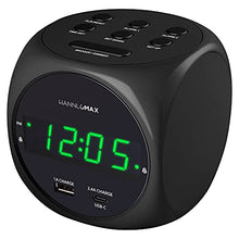 Load image into Gallery viewer, HANNLOMAX HX-702C Digital Clock with Dual Alarm, 0.7" Green LED Display. Dual USB Ports (USB-A & Type-C) for Charging, AC Operation only. (Black)