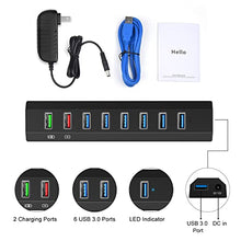 Load image into Gallery viewer, RAOYI Powered USB 3.0 Hub, 8 Ports High Speed USB 3.0 Hub Splitter with 36W Power Adapter, 3.3ft Cable and Smart Fast Charger USB Hub for Laptop, PC, Mobile HDD, Mulitple Devices (Black)