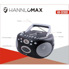 Load image into Gallery viewer, HANNLOMAX HX-323CD Portable CD Player, AM/FM Radio, Cassette Recorder, Records from CD or Radio, Headphone Jack, AC/DC Dual Power Source. (Black)