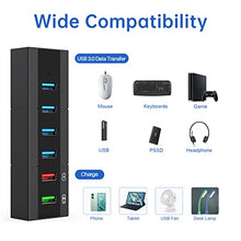 Load image into Gallery viewer, Powered USB 3.0 Hub, RAOYI 6 Ports High Speed USB 3.0 Hub Splitter with 24W Power Adapter, 3.3ft Cable and Smart Fast Charger USB Hub for for Laptop, PC, Mac, Mobile HDD, Mulitple Devices (Black)