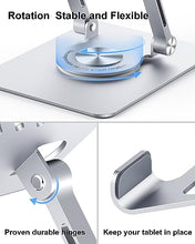 Load image into Gallery viewer, JUANWE Tablet Stand Holder with 360° Rotating Base, Adjustable Foldable iPad Stand, Aluminium Tablet Holder for Desk, Compatible with iPad Pro/Air//Mini, Switch, iPhone15 and More (4-13 inch)