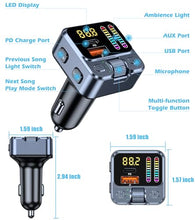 Load image into Gallery viewer, Bluetooth 5.3 Car Adapter with FM Transmitter & 42W PD Fast Charging, Wireless AUX/USB Music Receiver, Hands-Free Calls, Beat Sync LED Lights for Car Stereo, Compatible with All 12V-24V Vehicles