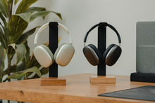 Load image into Gallery viewer, COREMINDED Universal Headphone Stand for Desk, Solid Wood Gaming Headset Stand, Heavy Duty Wooden Headphones Holder, Compatible with Airpods Max and More