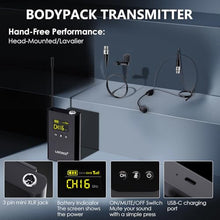 Load image into Gallery viewer, UHF Wireless Microphone System Set: Metal Cordless Handheld/Headset/Lavalier Lapel Mics, Bodypack Transmitter, Receiver - 2*15 Channels 200ft Range for Church, Karaoke Singing, DJ, Wedding, Speech