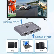 Load image into Gallery viewer, 4K@60Hz HDMI Switch 3 in 1 Out, HDMI Switcher Selector with Remote Supports 4K 3D 1080P HDR HDMI 2.0 HDCP 2.2 Compatible with Nintendo Switch PS5/4/3 Xbox Roku TV Fire Stick Blu-Ray Player, Grey_852