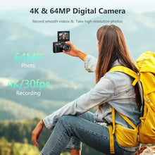 Load image into Gallery viewer, 4K Digital Camera for Photography, 64MP Vlogging Camera for YouTube with 3" 180 Flip Screen, 18X Digital Zoom Point and Shoot Camara with 32GB Micro SD Card for Beginner (Black), YLWCBlack_1488