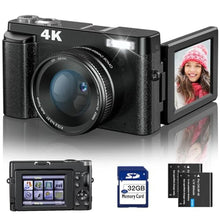 Load image into Gallery viewer, 4K Digital Camera for Photography and Video Autofocus Anti-Shake, 48MP Vlogging Camera with SD Card, 3'' 180 Flip Screen Compact Camera with Flash, 16X Digital Zoom Travel Camera (2 Batteries), Black_1