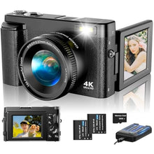 Load image into Gallery viewer, 4K Digital Camera for Photography Autofocus, Upgraded 48MP Vlogging Camera for YouTube with SD Card, 3" 180 Flip Screen Compact Travel Camera with 16X Digital Zoom, Flash, Anti-Shake, 2 Batteries, Black_1