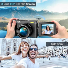 Load image into Gallery viewer, 4K Digital Camera for Photography Autofocus, Upgraded 48MP Vlogging Camera for YouTube with SD Card, 3" 180 Flip Screen Compact Travel Camera with 16X Digital Zoom, Flash, Anti-Shake, 2 Batteries, Black_961