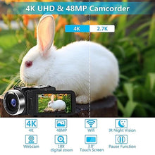 Load image into Gallery viewer, 4K Video Camera Camcorder 48MP 30FPS IR Night Vision WiFi Camera Recorder, 18X Digital Zoom 3" Touch Screen Vlogging Camera for YouTube with Microphone, SD Card, Lens Hood, Stabilizer, Remote Control, Black_611