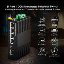 Load image into Gallery viewer, 5 Port Industrial Ethernet Switch, 4 Ports and 1 Uplink 10/100Mbps, Fanless Din Rail and Wall Mount, IP40 Aluminum Alloy -40~75C(-40~185F), with One Power Supply, black_6974