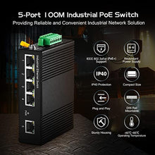 Load image into Gallery viewer, 5 Port PoE Industrial Ethernet Switch, 4 POE IEEE802.3af/at, 1 Uplink, 10/100Mbps, Fanless Metal Din Rail and Wall Mount, with One 60W PoE Power Supply_7002