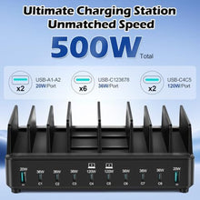 Load image into Gallery viewer, 500W Charging Station for Multiple Devices, 10-Port USB C Fast Charger Stations,Dual USB-C 120W and 8 Ports Fast Charging Multi-Device Organizer Charging Dock Hub for Laptop Phone Tablet, Black_779