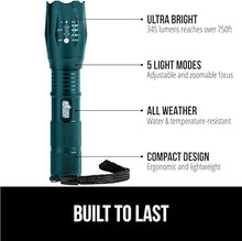 Load image into Gallery viewer, Gorilla Grip Powerful LED 750 FT Water Resistant 5 Adjustable Mode Tactical Flashlight, High Lumens Ultra Bright Battery Life Zoom Flashlights, Small Camping Car Mini Flash Light Accessories Teal Blue