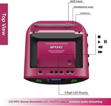 Load image into Gallery viewer, Riptunes Portable CD Player Boombox AM FM Radio, Bluetooth, USB, Aux-Input, MP3 CD Stereo Sound with Bass Boost, Party Lights, Headphone Jack, Backlit LCD Display, with Remote, Pink
