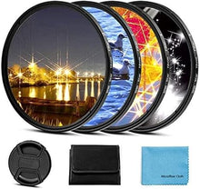 Load image into Gallery viewer, 55mm Star Filter 4 Pieces Starburst Lens Filter(4 Points,6 Points,8 Points,12 Points) with Centre Pinch Lens Cap for Canon Nikon Sony Olympus Pentax and Other DSLR Cameras + 4 Slot Filter Pouch