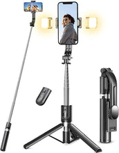 Load image into Gallery viewer, Selfie Stick Tripod with Light, 45'' Selfie Stick with Wireless Remote, Portable Phone Tripod Compatible with iPhone 15 Pro Max/15/14 Pro/14/13, Samsung S22/ S23 Ultra/Android Smartphone