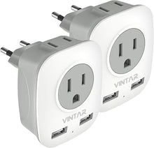 Load image into Gallery viewer, 2 Pack European Travel Plug Adapter, VINTAR International Power Plug Adapter with 2 USB Ports,2 American Outlets- 4 in 1 Outlet Adapter,Travel Essentials to Italy,Greece,France, Spain (Type C)
