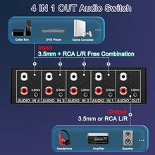 Load image into Gallery viewer, FlyroadUp 3.5mm Aux + RCA L/R Bi-Directional Stereo Audio Switch 4 in 1 Out A/B Analog Audio Switcher Selector