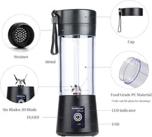 Load image into Gallery viewer, Portable Blender Cup,Electric USB Mini Juicer Blender For Shakes and Smoothies, Juice,380ml, Six Blades Great for Mixing,Black