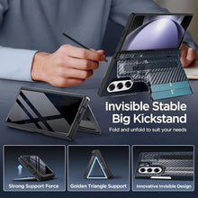 Load image into Gallery viewer, MSOTES for Galaxy Z Fold 7 Wallet Case with Screen Protector, Built-in Kickstand & Hinge Protection, 3 RFID Blocking Card Slots Carbon Fiber Texture Leather Case for Samsung Galaxy Z Fold7 (Black)