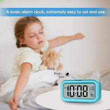 Load image into Gallery viewer, Peakeep Night Light Digital Alarm Clock Battery Operated with Indoor Temperature, Desk Small Clock (Blue)