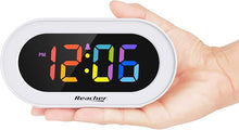 Load image into Gallery viewer, REACHER Small Colorful LED Digital Alarm Clock with Snooze, Simple to Operate, Full Range Brightness Dimmer, Adjustable Alarm Volume, Outlet Powered Compact Clock for Bedrooms, Bedside, Desk, Shelf