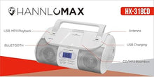 Load image into Gallery viewer, HANNLOMAX HX-318CD Portable CD/MP3/USB Boombox, FM PLL Radio, Bluetooth, 1 USB Port for MP3 Playback, 1 USB Port for 1A Charging, Aux-in Jack, Headphone Jack, AC/DC Dual Power Source. (White)