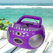 Load image into Gallery viewer, HANNLOMAX HX-323CD Portable CD Player, AM/FM Radio, Cassette Recorder, Records from CD or Radio, Headphone Jack, AC/DC Dual Power Source. (Purple)