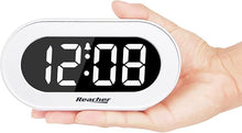 Load image into Gallery viewer, REACHER Small LED Digital Alarm Clock with Snooze, Simple to Operate, Full Range Brightness Dimmer, Adjustable Alarm Volume, Outlet Powered Compact Clock for Bedrooms, Bedside, Desk, Shelf(White)
