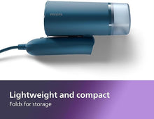 Load image into Gallery viewer, PHILIPS 3000 Series Handheld Travel Steamer, Compact & Foldable, Fast Heat Up, 3.3oz Capacity, up to 20g/min Continuous steam, No Ironing Board Needed, Blue (STH3000/20)
