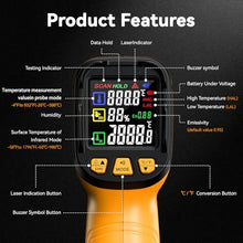 Load image into Gallery viewer, 50:1 Infrared Thermometer -58F to 1796F, Laser Temp Gun with Thermocouple Probe for Pizza Oven, HVAC, BBQ, High Temp Gun with Humidity Sensor, Accurate for Home and Industrial Use