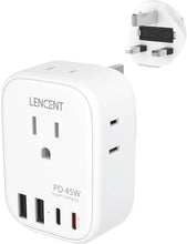 Load image into Gallery viewer, LENCENT US to UK Ireland Travel Plug Adapter, PD 45W Grounded Type G Outlet Adaptor with 4 Outlet, USB C Fast Charger Adaptor, USA to Dubai Scotland British London England Hong Kong Irish Qatar