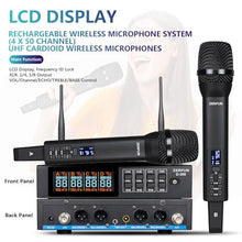 Load image into Gallery viewer, ZERFUN Rechargeable Wireless Microphone System 4 Channel Pro, UHF Handheld Cordless Mics with VOL Echo Treble BASS Control, LCD Display, Frequency Lock, XLR, 1/4, 1/8 Output, D-300, Black