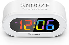 Load image into Gallery viewer, REACHER Small Colorful LED Digital Alarm Clock with Snooze, Simple to Operate, Full Range Brightness Dimmer, Adjustable Alarm Volume, Outlet Powered Compact Clock for Bedrooms, Bedside, Desk, Shelf