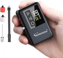 Load image into Gallery viewer, 120 PSI Rechargeable Mini Bike Pump, 3.8oz Electric Inflator for Road, Mountain, and E-Bikes with LCD Display, Presta & Schrader Valves, Preset Pressure & Auto Shut Off