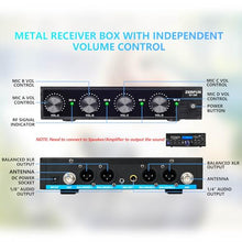 Load image into Gallery viewer, ZERFUN Pro Rechargeable Wireless Microphone System 4 Channel, UHF Metal Handheld Wireless Microphones Cordless Mics with Echo Treble BASS VOL Channel Control for Karaoke Singing Church(GT-200)