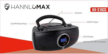 Load image into Gallery viewer, HANNLOMAX HX-316CD CD/MP3 Boombox, AM/FM Radio, Digital Radio Frequency Display, Bluetooth, USB Port for MP3 Playback, LCD Display, Aux-in, AC/DC Power Source (Black)
