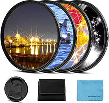 Load image into Gallery viewer, 52mm Star Filter 4 Pieces Starburst Lens Filter(4 Points,6 Points,8 Points,12 Points) with Centre Pinch Lens Cap for Canon Nikon Sony Olympus Pentax and Other DSLR Cameras + 4 Slot Filter Pouch