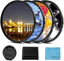 Load image into Gallery viewer, 49mm Star Filter 4 Pieces Starburst Lens Filter(4 Points,6 Points,8 Points,12 Points) with Centre Pinch Lens Cap for Canon Nikon Sony Olympus Pentax and Other DSLR Cameras + 4 Slot Filter Pouch