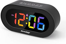 Load image into Gallery viewer, REACHER Small Digital Rainbow LED Alarm Clock with Snooze, Easy to Use, Full Range Brightness Dimmer, Adjustable Alarm Volume, Outlet Powered, Compact Clock for Bedroom, Bedside, Desk, Shelf…