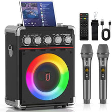 Load image into Gallery viewer, HWWR Karaoke Machine, Portable PA System with 2 Wireless Microphones for Adults Kids, Karaoke Speaker with Microphones & DJ Lights for Home Party Gathering, Echo/Bass/Treble Adjustment, TWS