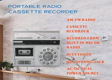 Load image into Gallery viewer, HANNLOMAX HX-601K Portable AM/FM Radio Cassette Recorder with Bluetooth, Records from Built-in Mic or Radio, Headphone Jack, AC/DC Operation. (Silver)