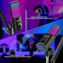 Load image into Gallery viewer, FDUCE Gaming USB Microphone, RGB Condenser mic with Mute, Gain, Monitoring, Boom Arm for Streaming, Podcast, Twitch, YouTube, PC, Computer, PS5, (M160+)