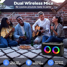 Load image into Gallery viewer, HWWR Karaoke Machine for Adults Kids, Bluetooth Party Karaoke Speaker with 2 Wireless Microphones for Singing, PA System with HiFi Sound/Dual 3" Subwoofers/Echo Adjustment/Disco Lights for Home Party