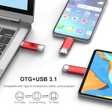 Load image into Gallery viewer, RAOYI 256GB USB C Flash Drive Upgraded 130MB/s 2 in 1 USB 3.1 Type C Dual OTG Metal Thumb Drive Memory Stick with Keychain Suitable for USB-C Smartphones, PC, Macbooks and Tablets (Red)