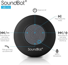 Load image into Gallery viewer, Soundbot SB510 HD Water Resistant Bluetooth Shower Speaker, Handsfree Portable Speakerphone with Built-in Mic, 6hrs of Playtime, Control Buttons and Dedicated Suction Cup for Showers (Black)